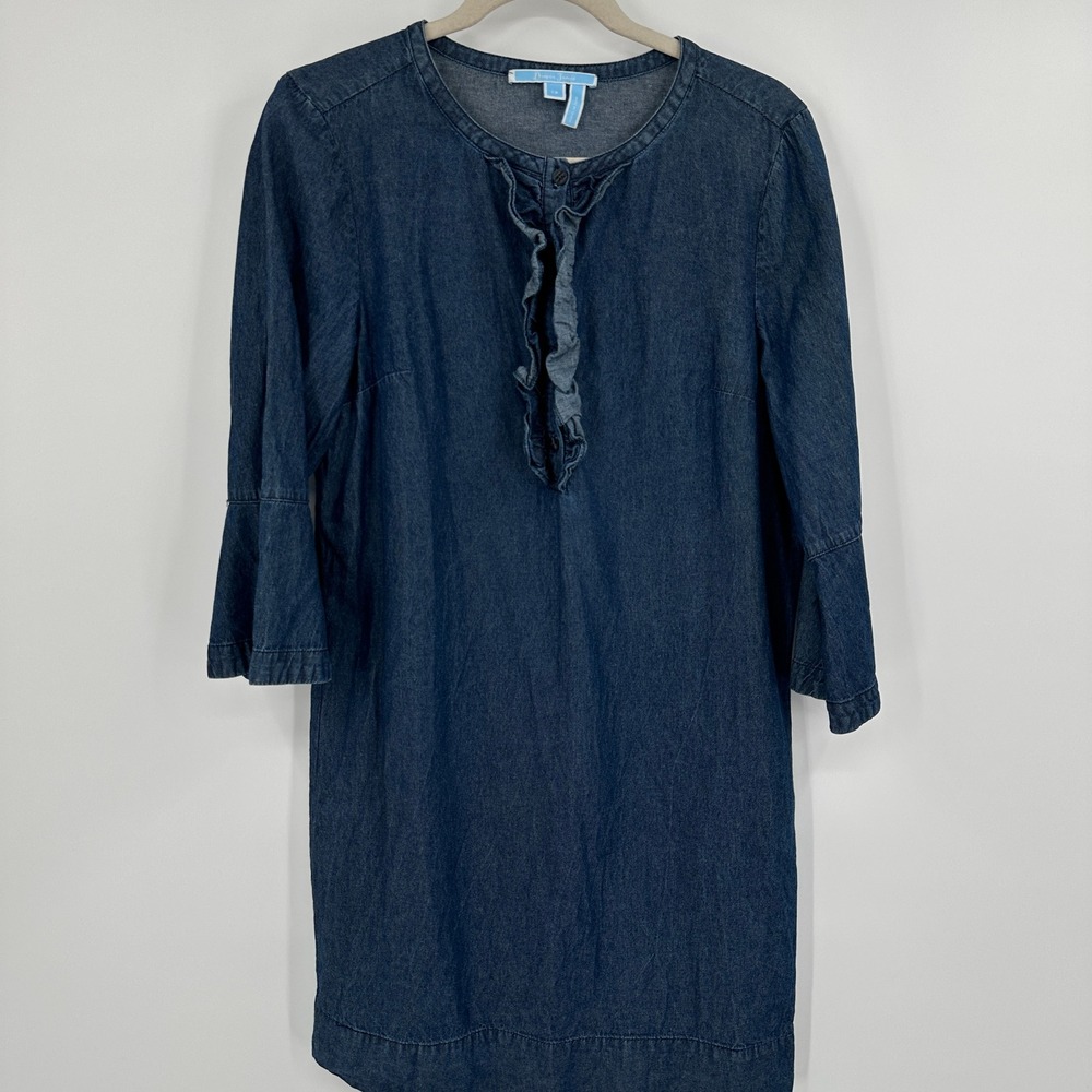 Draper James Womens Denim Dress Size 12 Blue Ruffle Front 3/4 Bell Sleeve‎